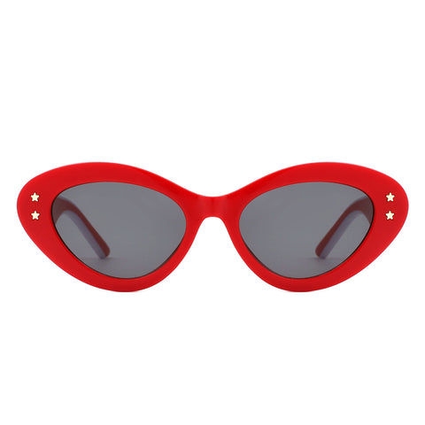 bright red rounded cat eye sunglasses with double gold star details at the temple. Shown from the front