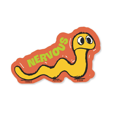 die-cut matte finish vinyl sticker of a yellow cartoon worm with a worried expression on its face and the message "NERVOUS" in neon green on orange background