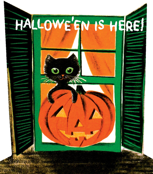 Vintage-style Halloween illustration with the text 'HALLOWEEN IS HERE!' above a black cat sitting on a carved orange pumpkin, framed by green shutters.