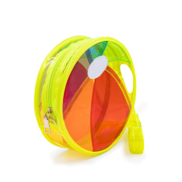bright yellow vinyl purse shaped like beach ball with red, blue, purple, green, orange, and yellow segments with zip closure top, gold metal zipper pulls and removable matching strap. Shown from side with strap