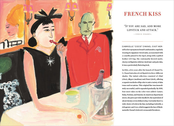 Illustration of a woman and man in a cafe with text about Coco Chanel.