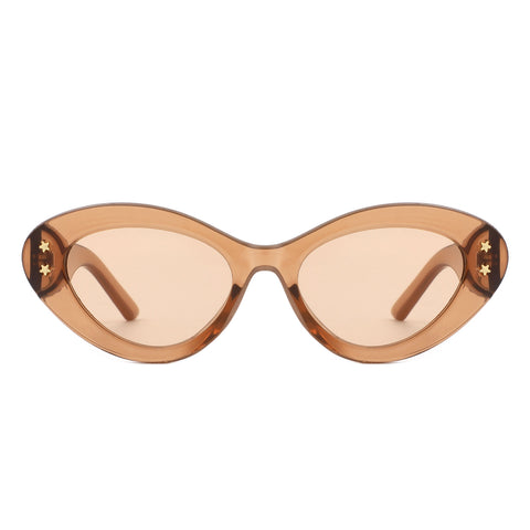 translucent brown rounded cat eye sunglasses with double gold stars at each temple. Shown from the front