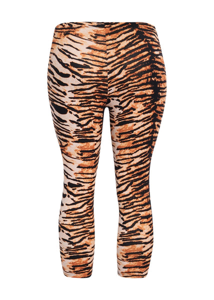 orange and black tiger print high waist capri length leggings shown from the back