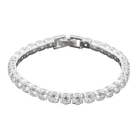 Silver metal bracelet with clear square gemstones on a white background