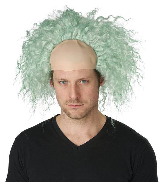 A person wearing a Beetlejuice-style costume wig with messy pale green hair and bare face. Shown from front