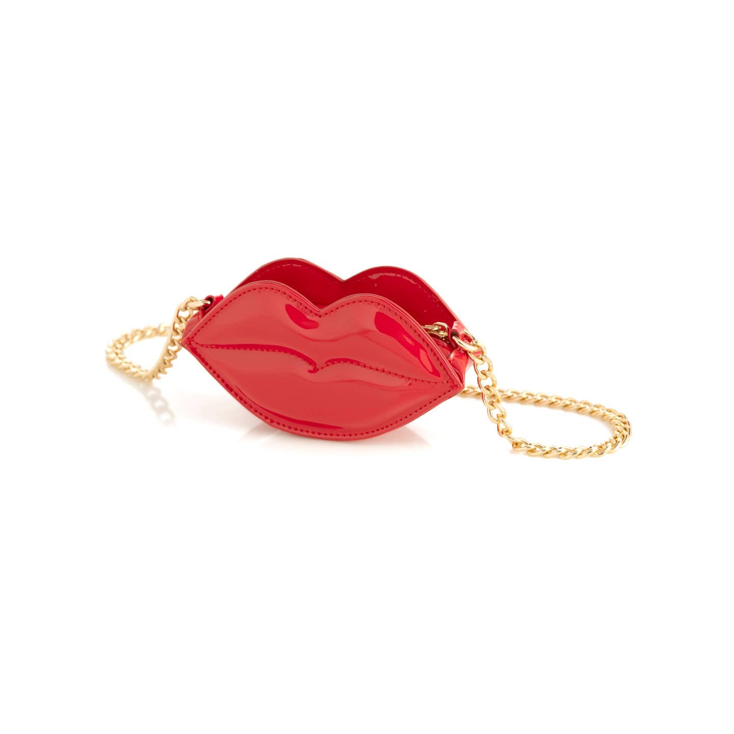 bright red patent finish purse in the shape of a pair of lips with detachable gold crossbody chain and gold metal zip hardware