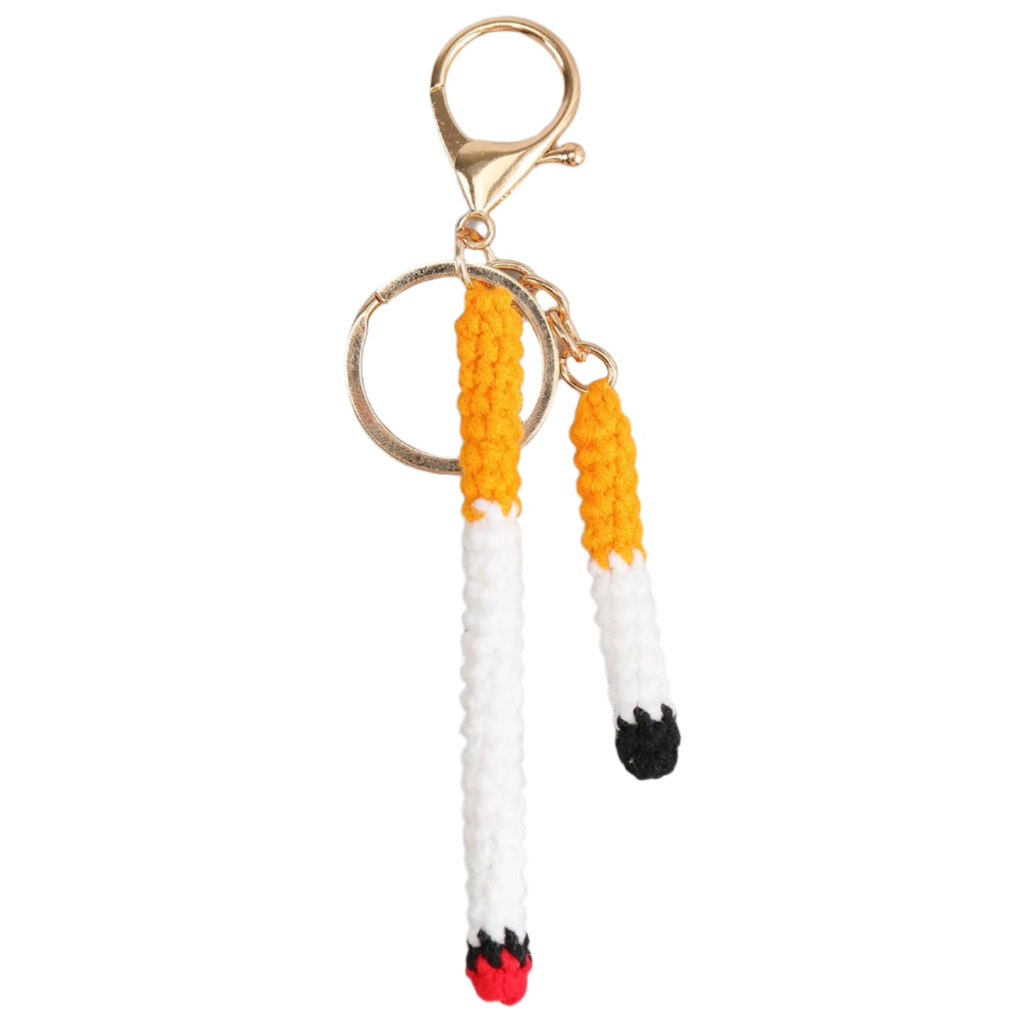 gold metal keyring with lobster claw style clasp and set of two crochet cigarette charms, one lit with red end and one smoked to a butt