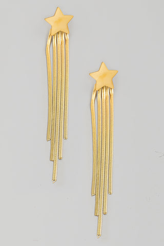 pair of shiny gold finish stainless steel star with herringbone chain tails drop earrings. Shown flat