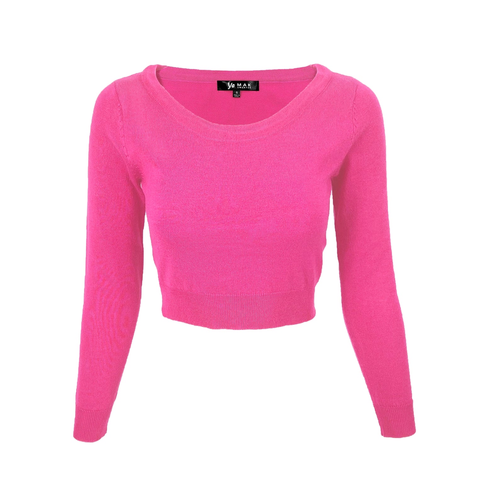 hot pink knit pullover sweater with long sleeves and a rounded neckline