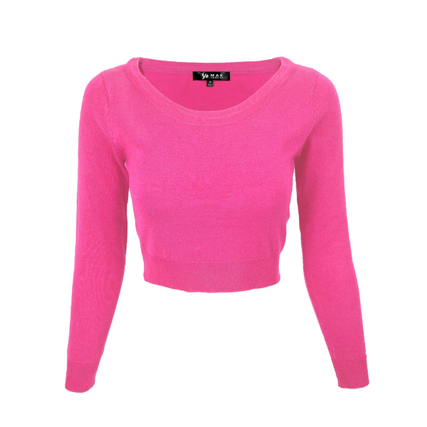 hot pink knit pullover sweater with long sleeves and a rounded neckline