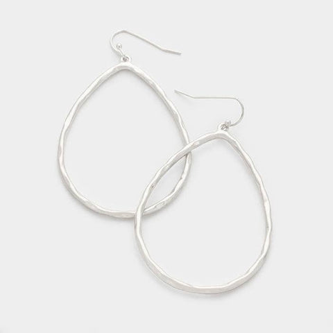 silver hammered metal teardrop shaped hoop dangle earrings