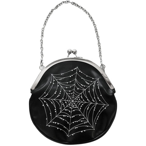 Round black faux leather handbag with silver metal kiss lock and chainlink handle. Has white spiderweb embroidery with dew drop detail. Shown from front