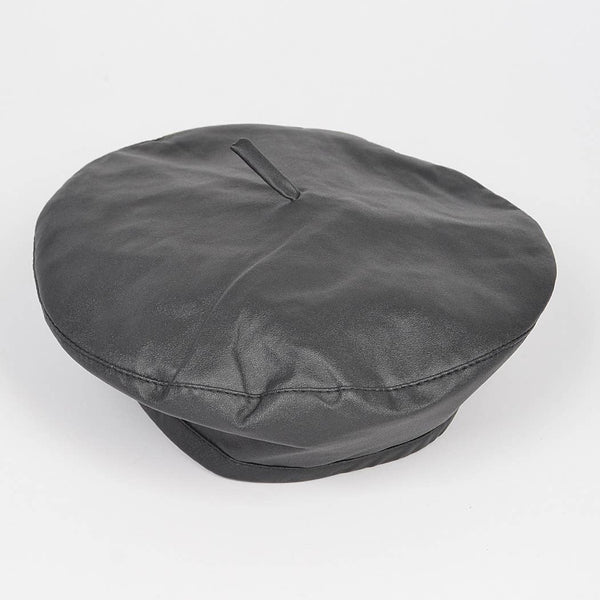 "French" beret in matte finish black faux leather. Shown flat
