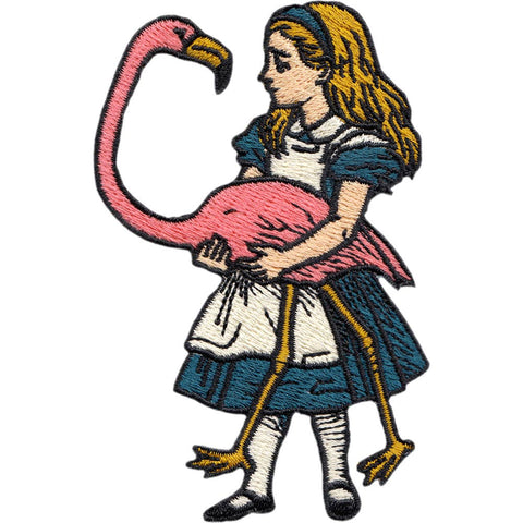 Embroidered patch of Alice holding flamingo from the book Alice in Wonderland 