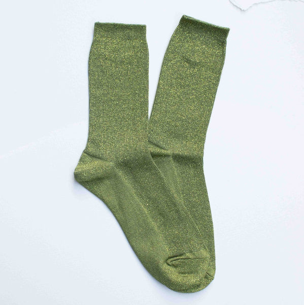 olive green lurex ribbed crew socks 