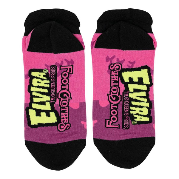 pair of ankle socks in neon pink with black toes, heels, and cuffs and portrait of Elvira in purple sunglasses on one sock and Gonk the dog on the other sock. Shown flat from bottom to display Elvira and FootClothes branding