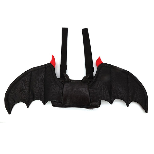 Novelty mini backpack in soft velvety black fabric with attached 24” wide batwing appliqué in matching fabric with red tips. Body of backpack is in matching fabric with pointy bat ears. Shown flat