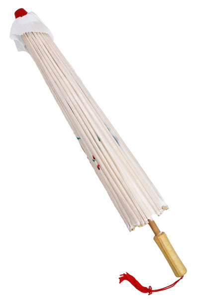 White fabric parasol with hand painted floral designs, red plastic tip, bamboo ribs and handle with red tassel on a white background. Shown closed