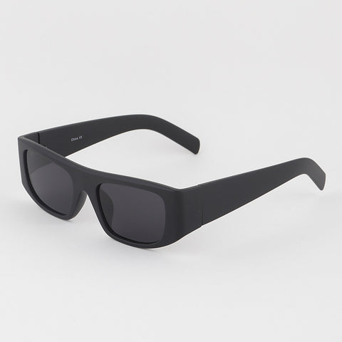 matte black rectangular wrap-around sunglasses with black lenses. Shown from side