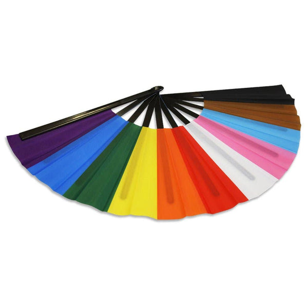 oversized progress pride colored rainbow folding fan shown flat from side