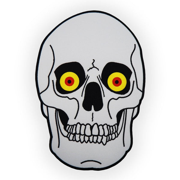 Large backpatch of a white skull with thick black outline and details and red and yellow eyes