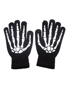 pair black and glow-in-the-dark white printed skeleton hand gloves