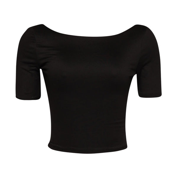 black brushed fiber knit crop top with boat neck, short sleeves, and scoop back. Shown from front
