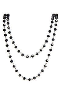 jet black round faceted glass linked bead strand necklace in 60" length. Shown doubled