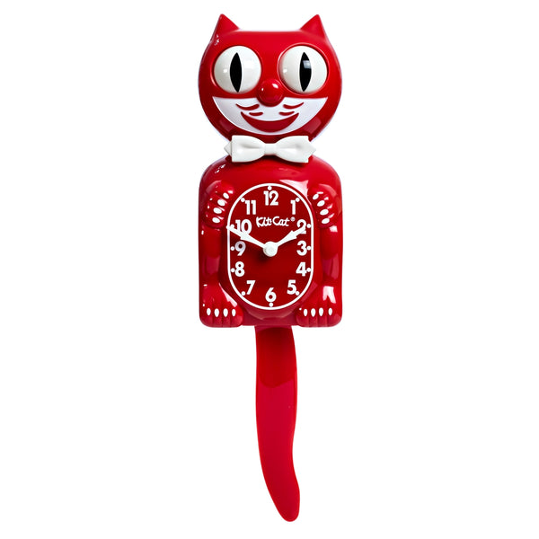 Red colored cat clock with white features and white bow tie. Shown from front