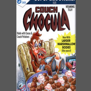 rectangular magnet with Wacky Packages design "Couch Chocula" made with cocoa & couch potatoes