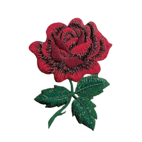 red rose embroidered patch with highlights in metallic black thread and rose stem & leaves in metallic green thread