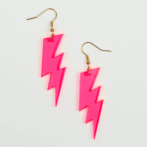 semi-transparent neon pink laser-cut acrylic lightning bolt dangle earrings