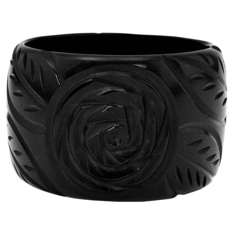 2 1/2" wide black resin bangle with floral and leaf carved pattern