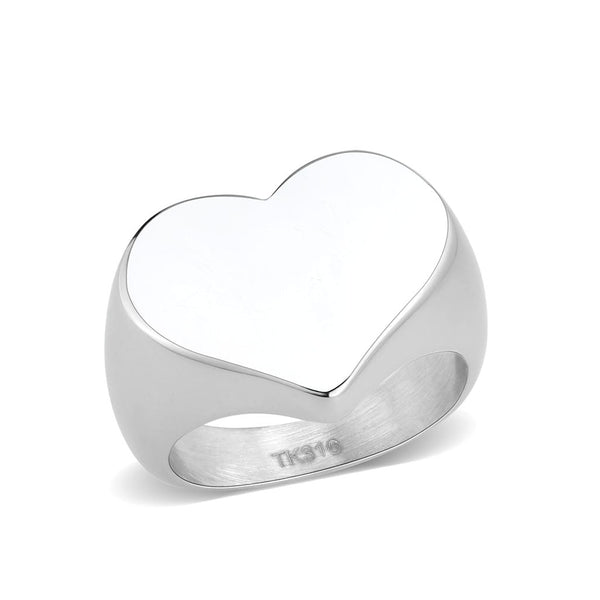 Silver stainless steel heart-shaped signet ring with flat top shown from top 