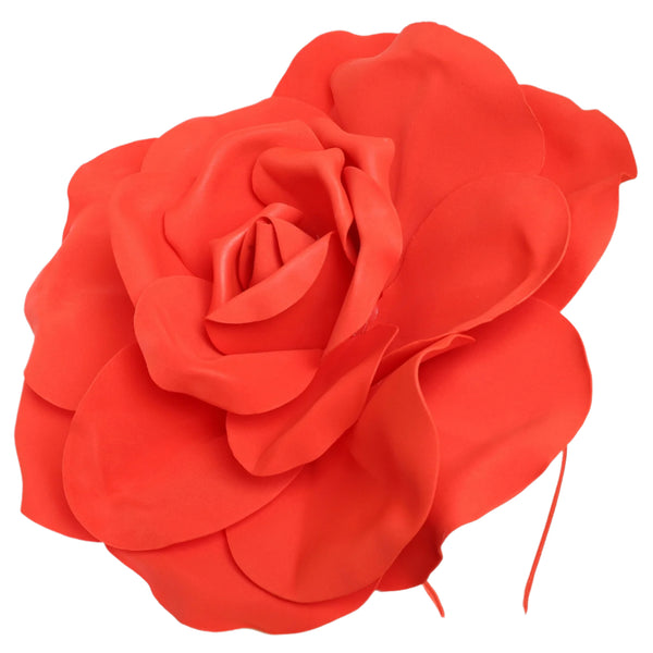 oversized red satin rose fascinator. Shown with matching satin covered headband