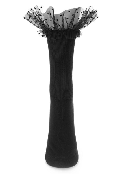 Black ribbed cotton crew sock with double ruffle of black flocked dot tulle at each cuff. Shown from front