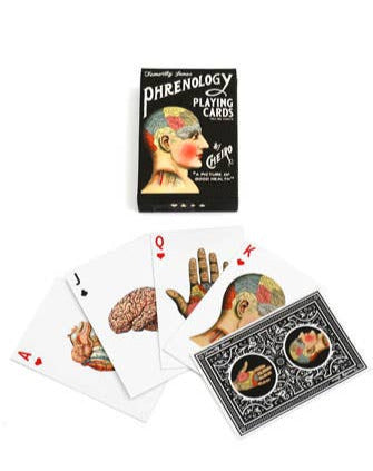 A deck of playing cards themed around vintage illustrations of palmistry and phrenology
