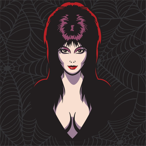 portrait of Elvira in front of black and grey spiderweb background