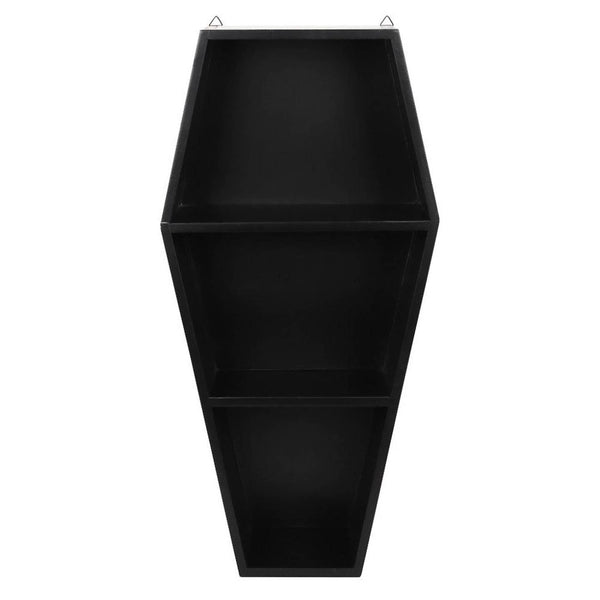 bamboo wood construction 20" tall black Coffin shaped wall hang display shelf with 3 shelves. Shown from front