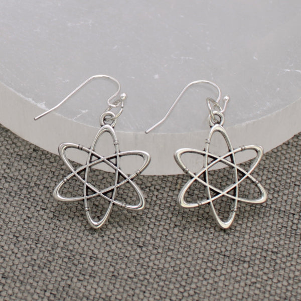 silver metal dangle earrings with atom shaped charms.