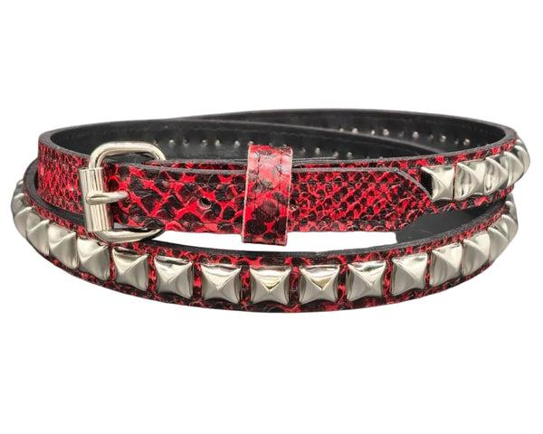red and black textured faux snakeskin 3/4" wide belt with single row of pyramid studs. Shown from front