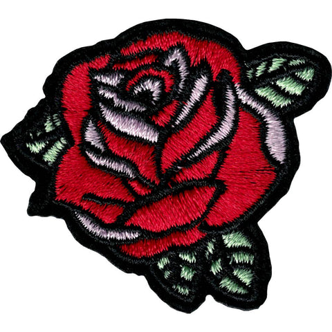 Embroidered red rose patch with pink highlights and light green leaves with a black felt background 