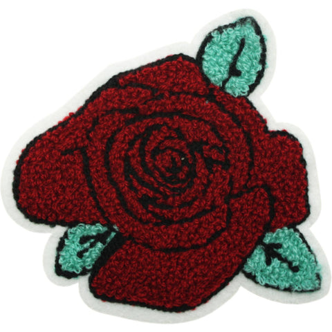Chenille fuzzy patch of a red rose with three light green leaves on a white felt background