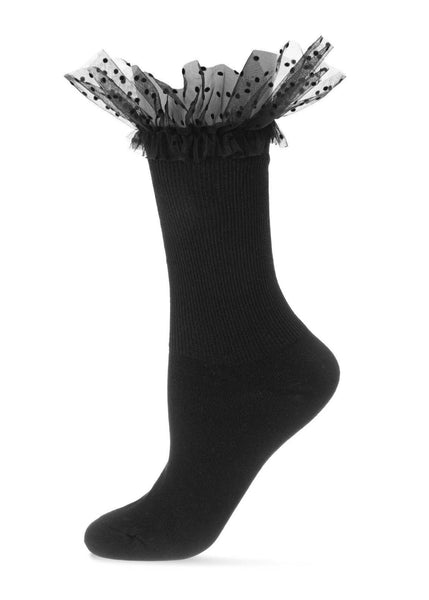 Black ribbed cotton crew sock with double ruffle of black flocked dot tulle at each cuff. Shown from side