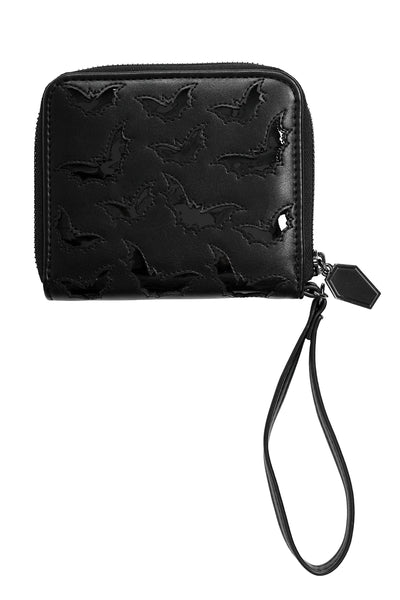 black faux leather rectangular wristlet wallet with black vinyl bat scattered pattern and matching wrist strap. Shown closed