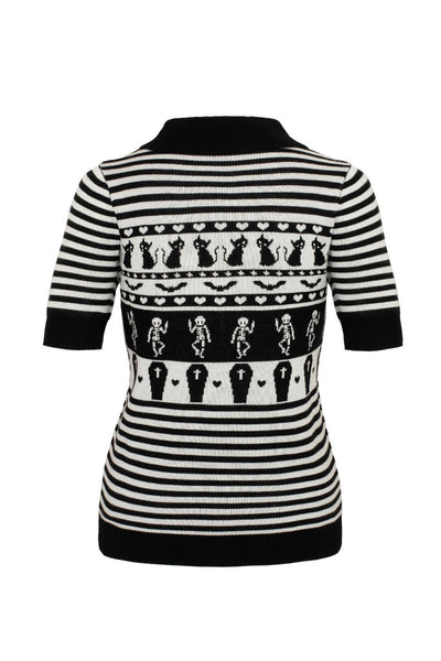 A model wearing a black and white striped short sleeve sweater with a black Peter Pan collar with keyhole and Fair Isle style pattern of black cats, hearts, skeletons, and coffins. Shown from the back