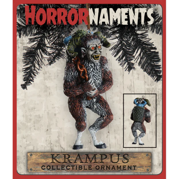 giftbox graphic for resin painted ornament in the shape of Krampus carrying a child in a sack