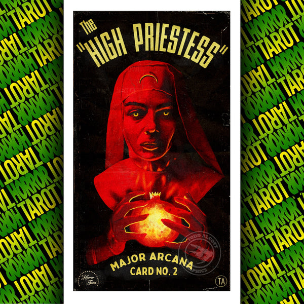 Horror imagery themed tarot card, High Priestess illustration shown in horror paperback illustration style