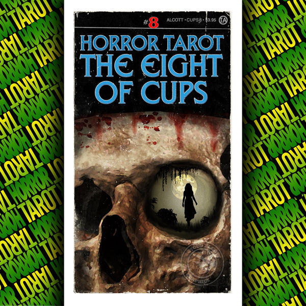 Horror imagery themed tarot card, Eight of Cups card shown in horror paperback illustration style 