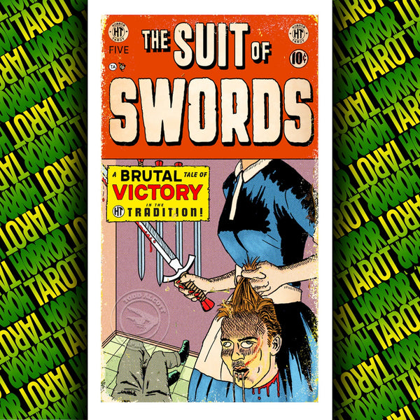 Horror imagery themed tarot card, Suit of Swords card shown in horror comic illustration style